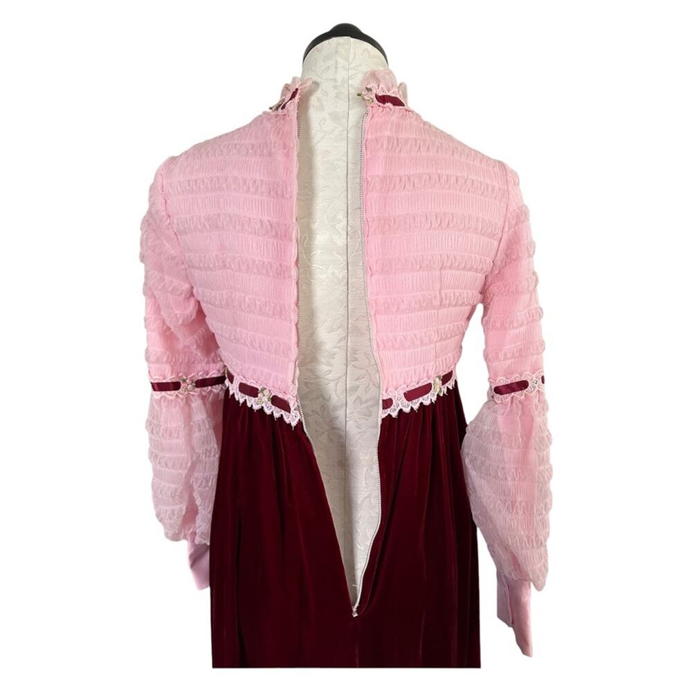 Vintage 1960's Juniors Formal Pink & Burgundy Long Dress Velvet & Nylon Size 7/8 - Picture 6 of 13
